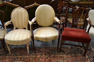 Lot 1545 - A George III mahogany carved chair, a late 19th century mahogany open armchair and a cream...