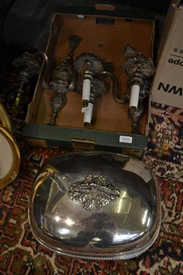 Lot 1550 - Silver plated meat dome engraved with a family crest, pair of two branch light fittings, pair...