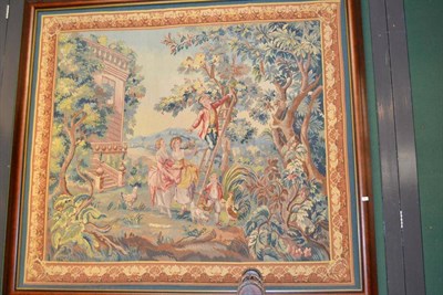 Lot 1563 - A French 18th century Aubbuson style tapestry, China, the field depicting a rural scene enclosed by