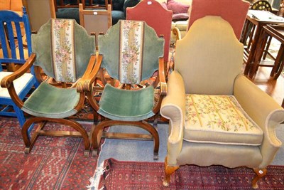 Lot 1580 - A pair of 1920's walnut X-frame armchairs, width 56cm and an early 20th century Queen Anne...