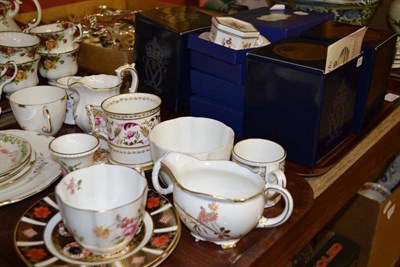 Lot 1596 - Two trays including two Royal Crown Derby Imari plates, Derby posey tea wares, trinket boxes...