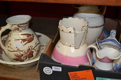 Lot 1603 - Two Staffordshire jugs, two wash bowls and jugs and a blue and white jug and bowl