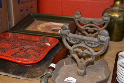 Lot 1620 - Pair of foot scrapes, Crown inkwell, Spanish plaster panel, rolling pin, brass vase, papier...