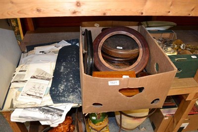 Lot 1621 - Box of stands, folder of ship related ephemera, charger and a glass two branch candelabra