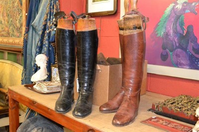 Lot 1628 - Two pairs of riding boots with spurs and beech trees, size 8.5; and a pair of suede chaps