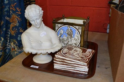 Lot 1630 - Victorian Minton tile and brass square cache-pot, Parian bust of Clytie and six Minton...