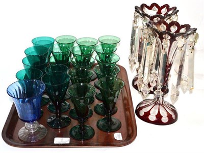 Lot 1 - A pair of ruby overlay drop lustres, height 25cm, and a tray of green tinted wine glasses