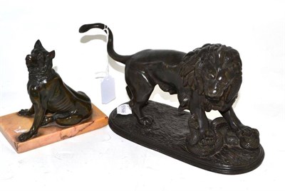Lot 9 - A 19th century bronze figure modelled as a seated dog, height 13cm and a spelter figure group...