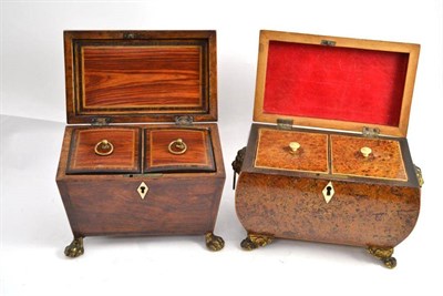 Lot 24 - A 19th century burr elm two division tea caddy with brass mounts and another in rosewood (2)