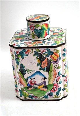 Lot 27 - A Canton enamel tea canister and cover painted with famille rose enamels with figures in landscape