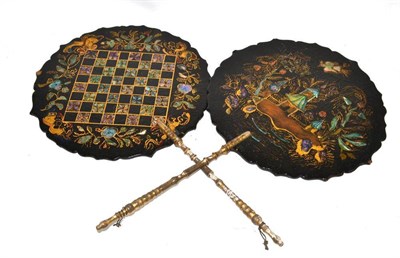Lot 42 - A pair of 19th century papier mache hand screens decorated with mother-of-pearl