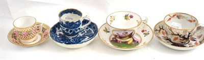 Lot 43 - A Caughley porcelain Temple pattern coffee cup and saucer, a Newhall style Imari teacup and saucer