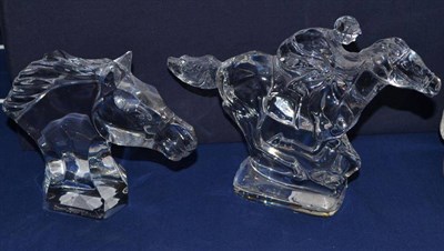 Lot 55 - Baccarat glass horse head, 12cm high and a Waterford Crystal horse and jockey, 15cm high (2)