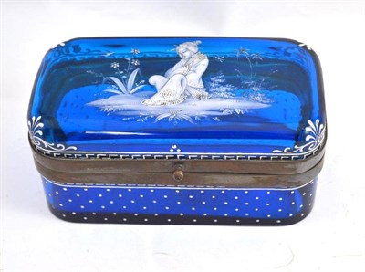 Lot 62 - A Mary Gregory style metal mounted blue glass casket painted with a chinoiserie figure, 17.5cm