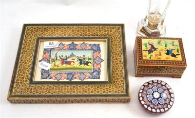 Lot 68 - Painted Persian 'hunting' plaque and a box, a modern glass paperweight and a modern silver...