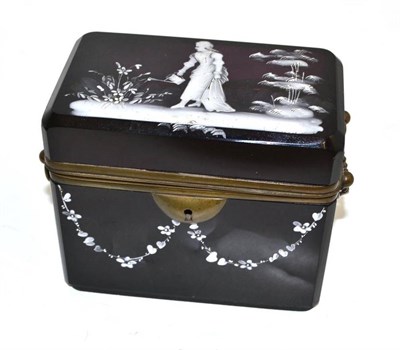 Lot 90 - A Mary Gregory style metal mounted amethyst glass casket painted with a girl gardening
