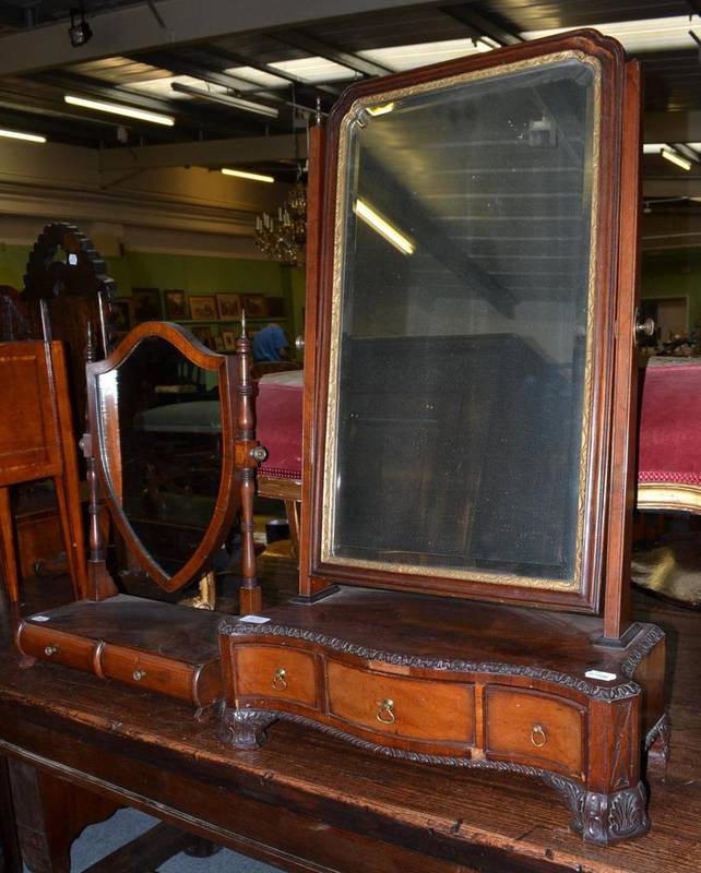 Lot 673 - A mahogany and parcel gilt Chippendale style toilet mirror, 55cm wide; and a small shield shape...