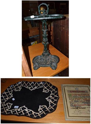Lot 1289 - Papier mache tray, cast metal stick stand and a framed illuminated certificate