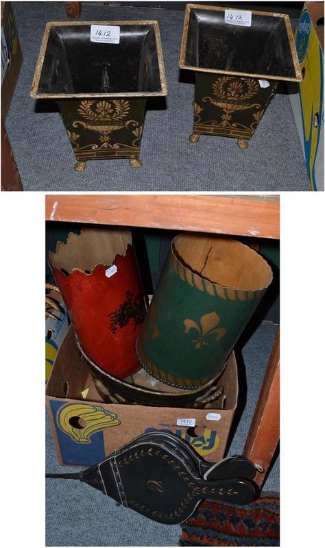 Lot 1412 - A pair of toleware parcel gilt planters, height 28cm, a pair of bellows, toleware waste paper...