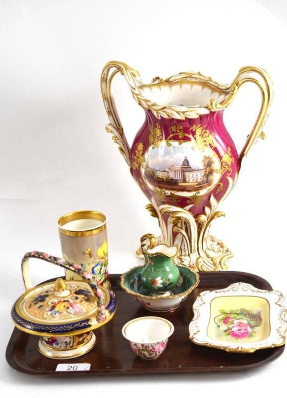 Lot 20 - A Staffordshire neo-Rococo vase, a spill vase, a covered basket, a miniature jug and bowl, a...