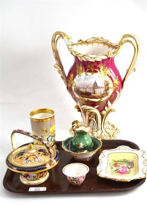 Lot 20 - A Staffordshire neo-Rococo vase, a spill vase, a covered basket, a miniature jug and bowl, a...