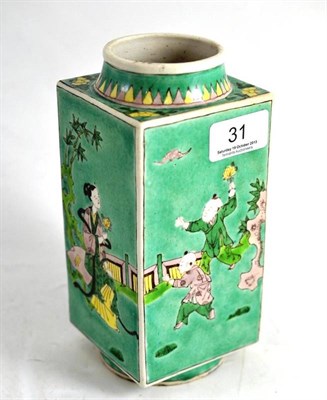 Lot 31 - A Chinese porcelain square section vase, in Kangxi style with tapering cylindrical neck and...