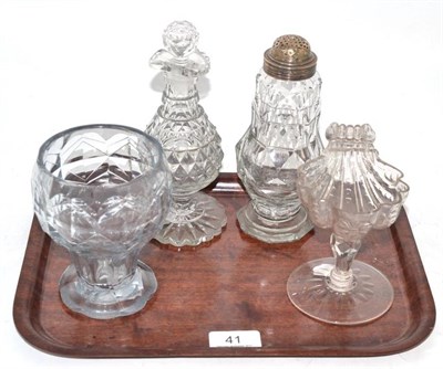 Lot 41 - Two 18th century cut glass condiment bottles, Silesian style bowl and an engraved shell salt