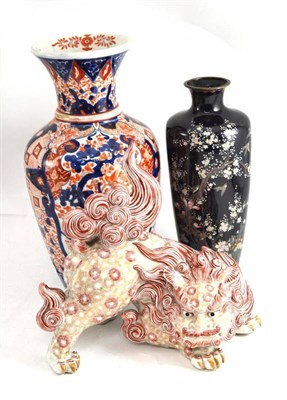 Lot 45 - Japanese Imari vase, cloisonne vase and a Japanese figure of a dog