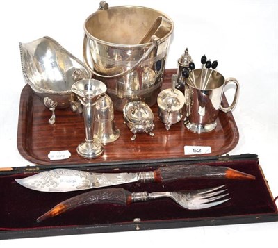 Lot 52 - Tray including silver posy vase, six silver coffee bean spoons, silver salt, assorted silver...