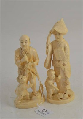 Lot 67 - A Japanese carved elephant ivory okimono as a man with broom, circa 1910; and another of a lady...