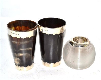 Lot 68 - Pair of Victorian horn beakers with silver mounts and a silver match striker