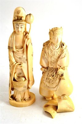 Lot 72 - A Japanese carved ivory figure of Kwannon, circa 1920 and a Japanese carved elephant ivory...