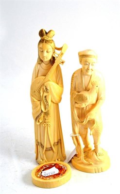 Lot 75 - An elephant ivory carved figure of a lute player, Japan circa 1920; and another of a man and...