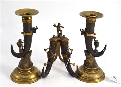 Lot 80 - Pair of gilt metal and horn vases and a horn desk stand