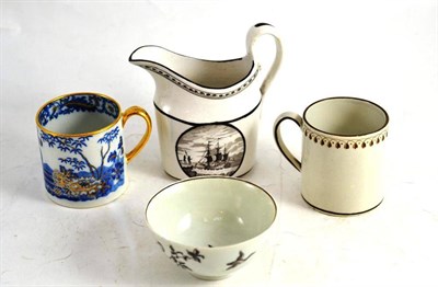 Lot 82 - Worcester tea bowl, Newhall type creamer and two pearlware mugs