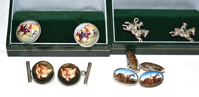 Lot 90 - Four pairs of silver cufflinks with racing/horse subjects