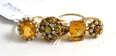 Lot 95 - A 9ct gold peridot and split pearl cluster ring, two 9ct gold citrine and seed pearl cluster...