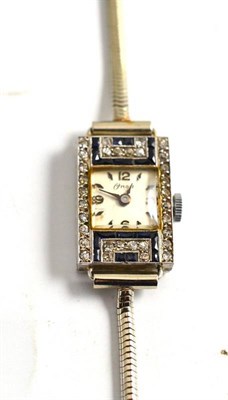 Lot 101 - A lady's sapphire and diamond set wristwatch, signed Onsa, circa 1940, lever movement, silvered...