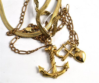 Lot 127 - A 9ct gold figural necklace with faith, hope and charity charm and a 9ct gold anchor pendant on...