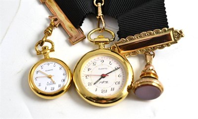 Lot 130 - Two fob watches, one with black Petersham fob hung with a seal, one with gilt mesh link fob