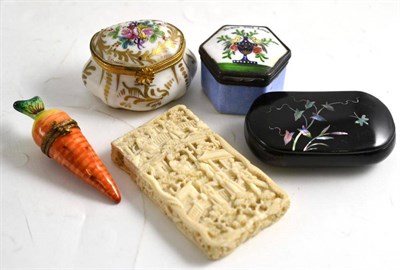 Lot 135 - A Georgian hexagonal patch box, a Victorian papier-mache snuff box, Limoges carrot box, another...