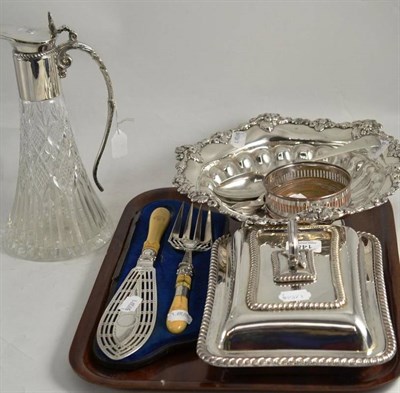 Lot 148 - A plated entree dish, pedestal dish, mounted claret jug, pair of servers and two spoons
