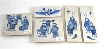 Lot 163 - Five Chinese blue and white tiles, various sizes