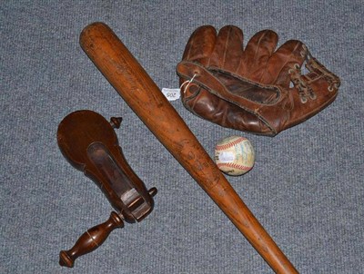 Lot 205 - A vintage American hickory baseball bat, a U.S. Army Special Services baseball glove, a signed...