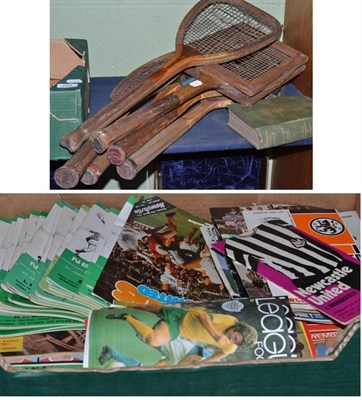 Lot 209 - Six vintage tennis racquets and a quantity of football programmes (some signed)