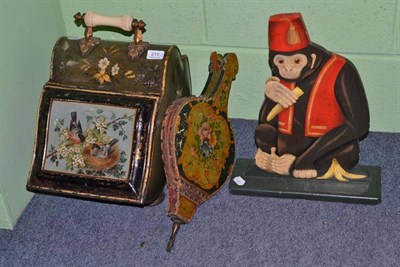 Lot 219 - A toleware coal purdonium, monkey dummy board and pair of bellows