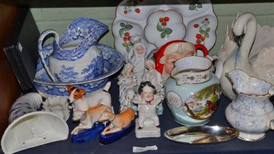 Lot 226 - Shelf including assorted ceramics including Brameld blue and white bowl, three English...