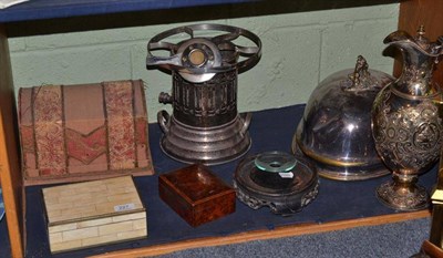 Lot 227 - A Victorian silver plated presentation claret jug, meat dome cover, silver plated paraffin...