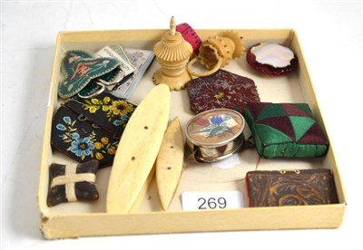 Lot 269 - Two tatting shuttles, three pin cushions, pair of scissors and three tapes etc