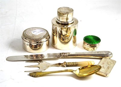 Lot 275 - A silver tea caddy, a silver pill box, a silver and enamel pill box, a silver bladed knife, a...